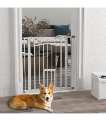 PawHut Pressure Fit, Safety Gate Dog Gate w/ Small Cat Door Opening, 74-80cm