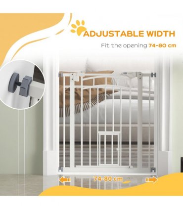 PawHut Pressure Fit, Safety Gate Dog Gate w/ Small Cat Door Opening, 74-80cm