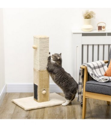 PawHut Cat Scratching Post Scratcher Climber w/ Carpet Base Hanging Toy - Beige