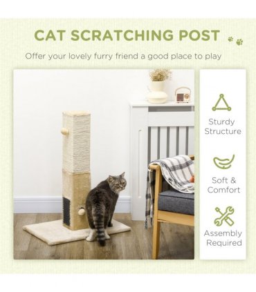 PawHut Cat Scratching Post Scratcher Climber w/ Carpet Base Hanging Toy - Beige