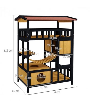 PawHut Outdoor Cat House w/ Suspension Bridge, Houses, Balcony