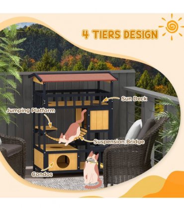 PawHut Outdoor Cat House w/ Suspension Bridge, Houses, Balcony