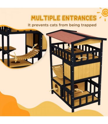 PawHut Outdoor Cat House w/ Suspension Bridge, Houses, Balcony