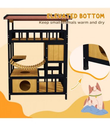 PawHut Outdoor Cat House w/ Suspension Bridge, Houses, Balcony