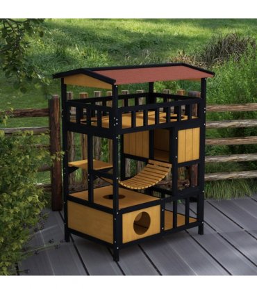 PawHut Outdoor Cat House w/ Suspension Bridge, Houses, Balcony
