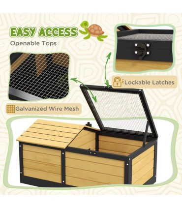 PawHut Wooden Tortoise House, Small Pet Reptile with Hide Shelter Den and Run
