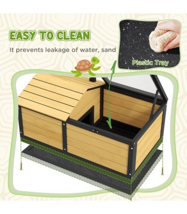 PawHut Wooden Tortoise House, Small Pet Reptile with Hide Shelter Den and Run