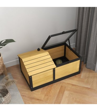 PawHut Wooden Tortoise House, Small Pet Reptile with Hide Shelter Den and Run
