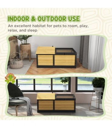 PawHut Wooden Tortoise House, Small Pet Reptile with Hide Shelter Den and Run
