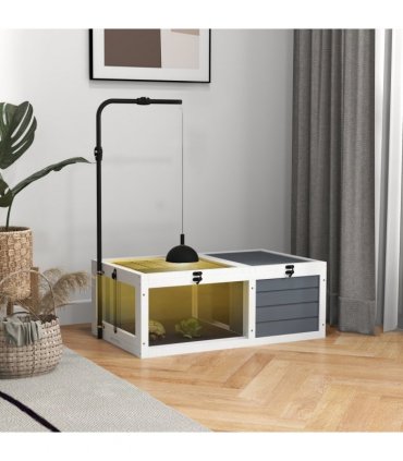 PawHut Tortoise House, Wooden Tortoise Table w/ Adjustable Lamp Holder - Grey