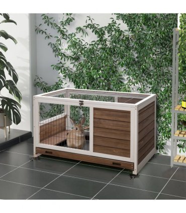 Indoor Rabbit Hutch Brown Fir Wood 90L x53W x59Hcm 2-Floor Guinea Pigs Cage