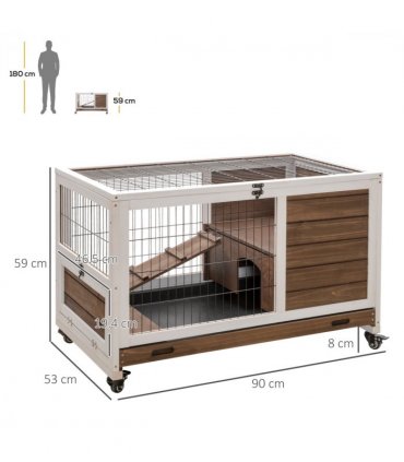 Indoor Rabbit Hutch Brown Fir Wood 90L x53W x59Hcm 2-Floor Guinea Pigs Cage