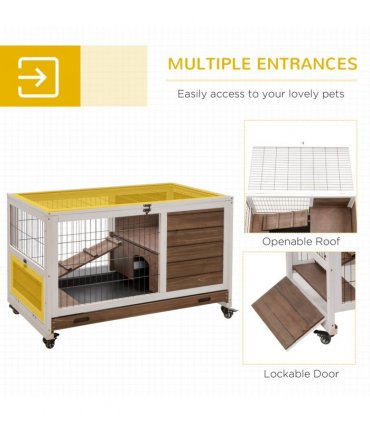 Indoor Rabbit Hutch Brown Fir Wood 90L x53W x59Hcm 2-Floor Guinea Pigs Cage