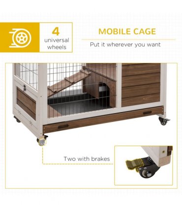 Indoor Rabbit Hutch Brown Fir Wood 90L x53W x59Hcm 2-Floor Guinea Pigs Cage