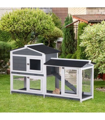 PawHut 2-Tier Wooden Rabbit Hutch Guinea Pig House Pet Cage Outdoor w/ Tray Ramp