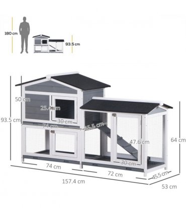 PawHut 2-Tier Wooden Rabbit Hutch Guinea Pig House Pet Cage Outdoor w/ Tray Ramp