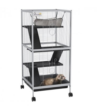 PawHut Rolling Small Animal Cage for Chinchillas Ferrets Kittens W/ Ramp Grey