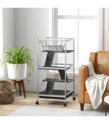 PawHut Rolling Small Animal Cage for Chinchillas Ferrets Kittens W/ Ramp Grey