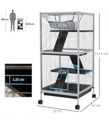 PawHut Rolling Small Animal Cage for Chinchillas Ferrets Kittens W/ Ramp Grey