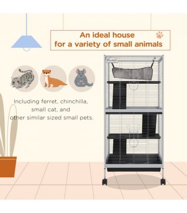 PawHut Rolling Small Animal Cage for Chinchillas Ferrets Kittens W/ Ramp Grey