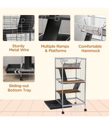 PawHut Rolling Small Animal Cage for Chinchillas Ferrets Kittens W/ Ramp Grey