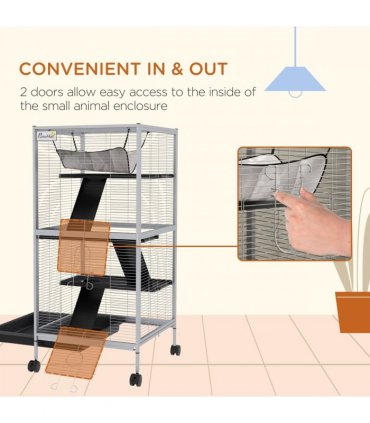 PawHut Rolling Small Animal Cage for Chinchillas Ferrets Kittens W/ Ramp Grey