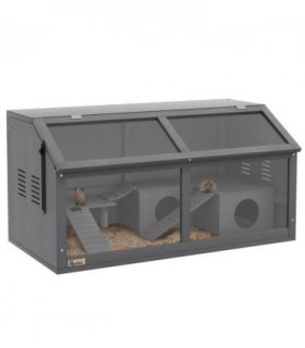 PawHut Wooden Hamster Cage for Gerbils w/ Suspension Bridge, Ladders
