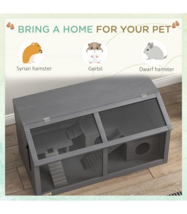 PawHut Wooden Hamster Cage for Gerbils w/ Suspension Bridge, Ladders