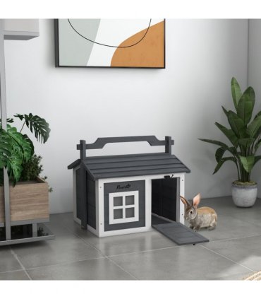 Rabbit Hutch Light Grey Fir Wood 61L x49.5W x53.5Hcm Two Rooms Openable Roof
