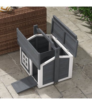 Rabbit Hutch Light Grey Fir Wood 61L x49.5W x53.5Hcm Two Rooms Openable Roof