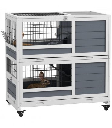 Indoor Rabbit Hutch Grey Fir Wood Steel Wire 90L x53W x97Hcm Openable Top
