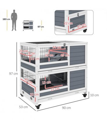 Indoor Rabbit Hutch Grey Fir Wood Steel Wire 90L x53W x97Hcm Openable Top
