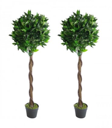 Pair of 120cm (4ft) Twist Natural Artificial Topiary Bay Laurel Ball Trees