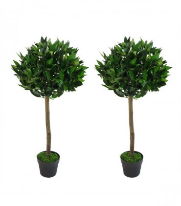 Pair of 90cm (3ft) Plain Stem Artificial Topiary Bay Laurel Ball Trees