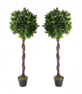 Pair of 120cm (4ft) Twisted Trunk Artificial Topiary Bay Laurel Ball Trees