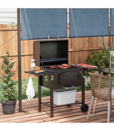 Outsunny Charcoal Grill BBQ Trolley w/ Adjustable Charcoal Height & Thermometer