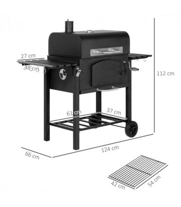Outsunny Charcoal Grill BBQ Trolley w/ Adjustable Charcoal Height & Thermometer