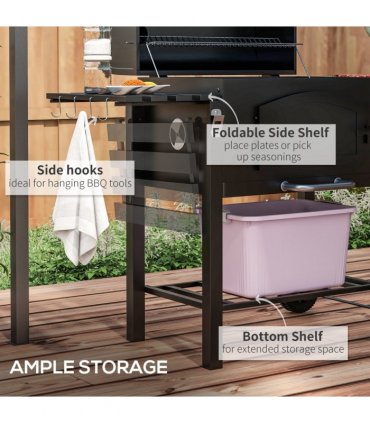 Outsunny Charcoal Grill BBQ Trolley w/ Adjustable Charcoal Height & Thermometer