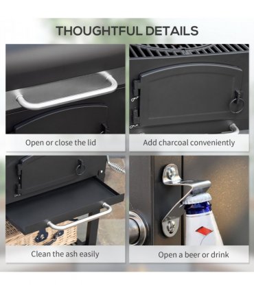 Outsunny Charcoal Grill BBQ Trolley w/ Adjustable Charcoal Height & Thermometer
