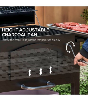 Outsunny Charcoal Grill BBQ Trolley w/ Adjustable Charcoal Height & Thermometer