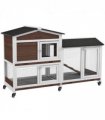 PawHut Wooden Rabbit Hutch Guinea Pig Cage w/ Wheels, Run, Ramp, Brown