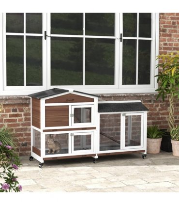 PawHut Wooden Rabbit Hutch Guinea Pig Cage w/ Wheels, Run, Ramp, Brown
