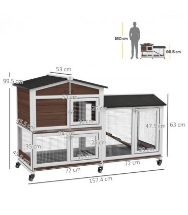 PawHut Wooden Rabbit Hutch Guinea Pig Cage w/ Wheels, Run, Ramp, Brown