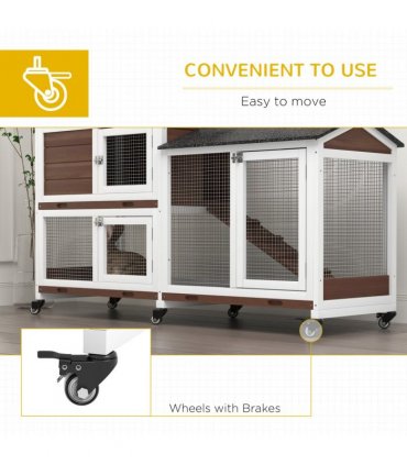 PawHut Wooden Rabbit Hutch Guinea Pig Cage w/ Wheels, Run, Ramp, Brown