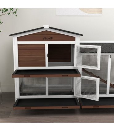 PawHut Wooden Rabbit Hutch Guinea Pig Cage w/ Wheels, Run, Ramp, Brown