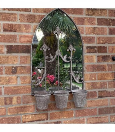 AcaciaHome Vintage Rusty Metal Wall Mirror with Triple Planter 3 Pots Holder - 70cm Arch Design, Indoor/Outdoor Large Garden & Patio Décor for Living & Garden Spaces (1, Vintage Framed)