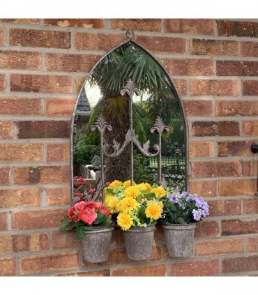 AcaciaHome Vintage Rusty Metal Wall Mirror with Triple Planter 3 Pots Holder - 70cm Arch Design, Indoor/Outdoor Large Garden & Patio Décor for Living & Garden Spaces (1, Vintage Framed)