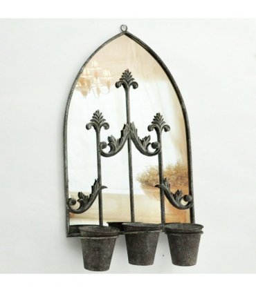 AcaciaHome Vintage Rusty Metal Wall Mirror with Triple Planter 3 Pots Holder - 70cm Arch Design, Indoor/Outdoor Large Garden & Patio Décor for Living & Garden Spaces (1, Vintage Framed)