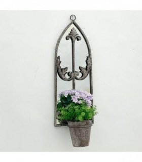 Elegant Rustic Arched Garden Wall Mirror with Flower Pot Holder - Patina Finish, Glass & Metal Frame, 60cm Height - Perfect Planter for Balcony, Porch & Outdoor Aesthetics (1, Floral Design)