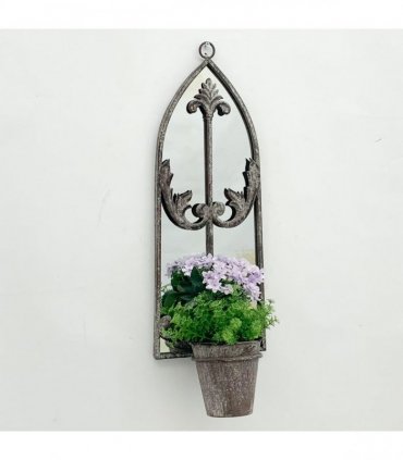 Elegant Rustic Arched Garden Wall Mirror with Flower Pot Holder - Patina Finish, Glass & Metal Frame, 60cm Height - Perfect Planter for Balcony, Porch & Outdoor Aesthetics (1, Floral Design)